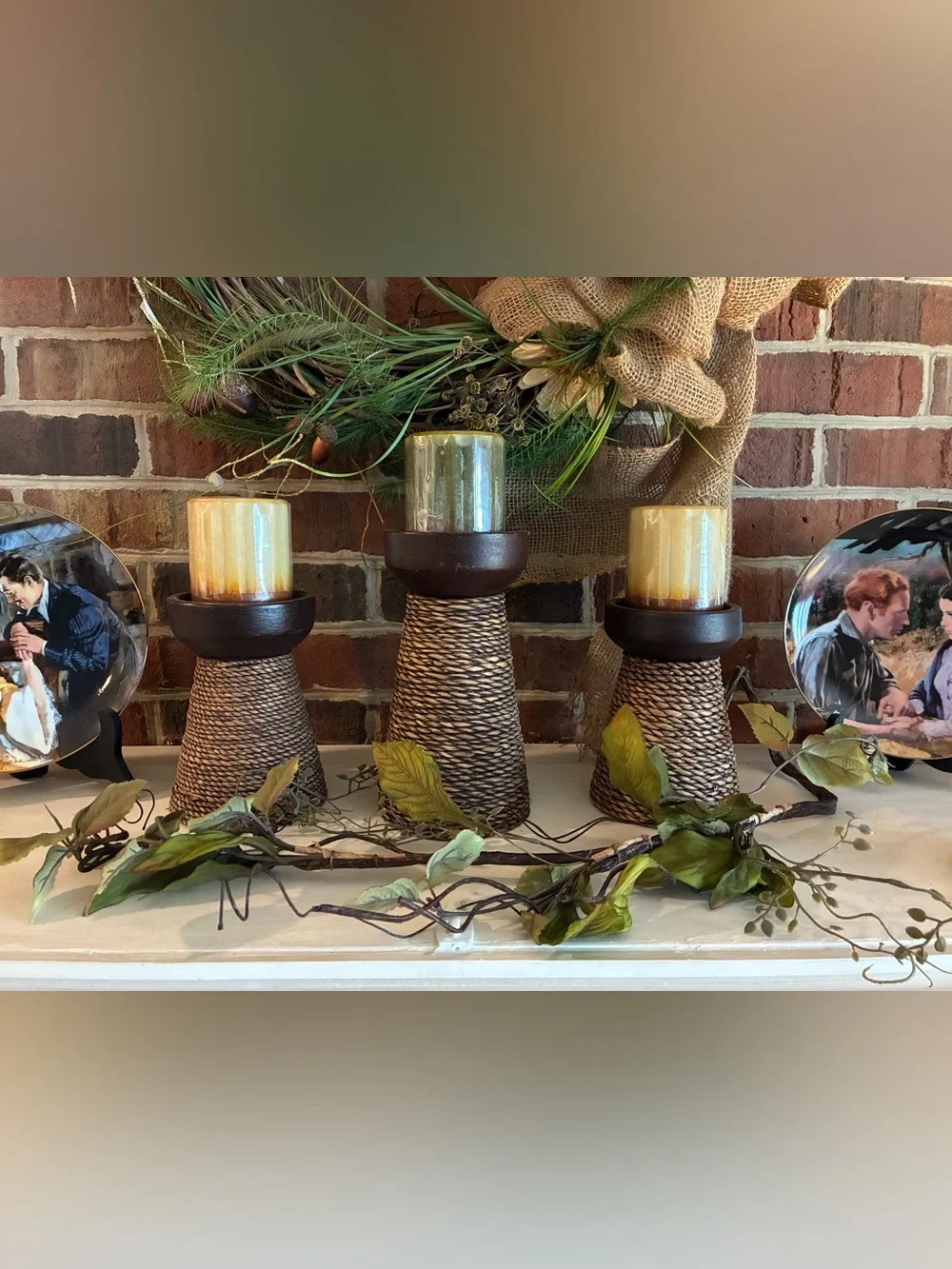 Rustic Woven Rope Candle Holder Set of Three - with Candles